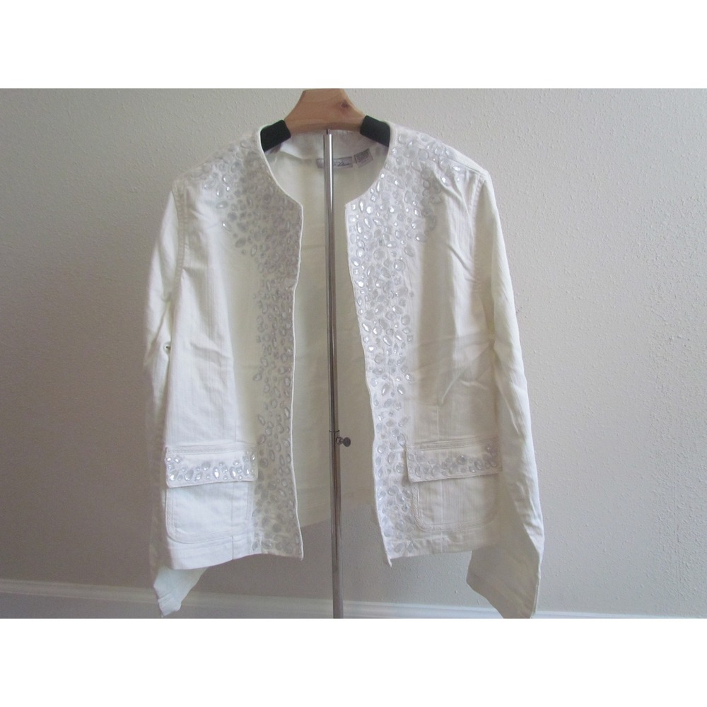 Chico's Platinum Jacket Size 1 White Embellished Sequin Denim Open Front Glam